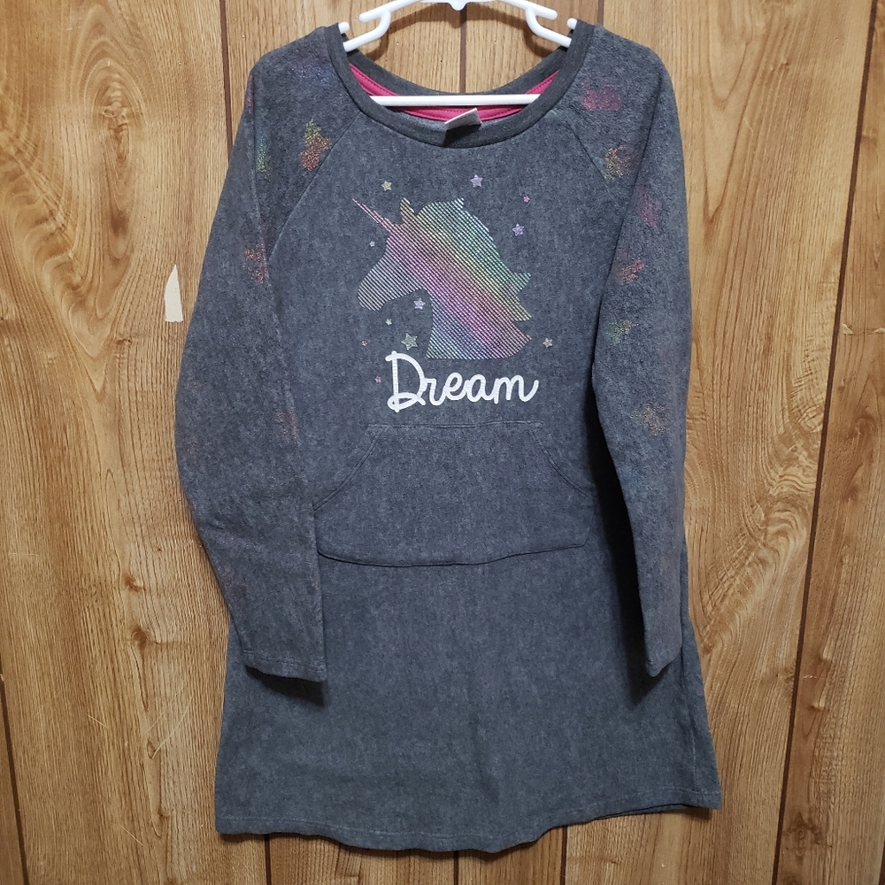 Girls Fleece Unicorn Long Sleeve Gray Night Gown Member's Mark  Size 7/8